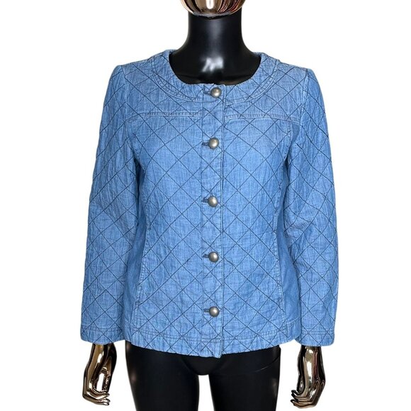 Chico's Quilted Denim-Look Jacket Size 0 (Small) Button Front Blue Lightweight - Picture 2 of 13